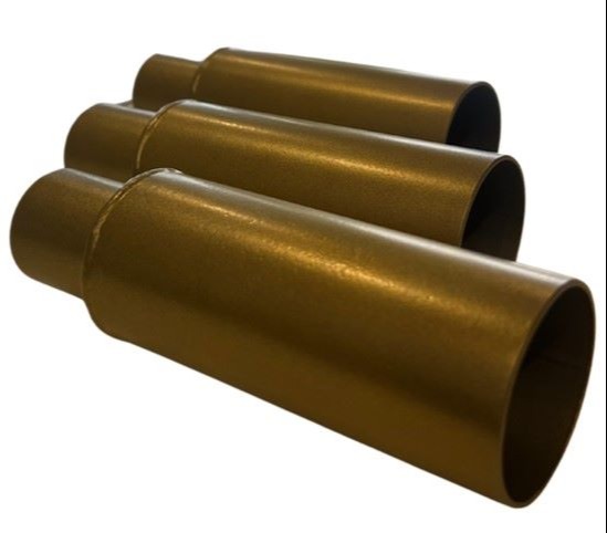 50mm Diameter x 120mm Length Round spouts, powdercoated 'gold flat'.